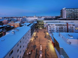 The cityscape of central Oulu, where the work by Climate Clock artist Rana Begum (UK/Bangladesh) will be located